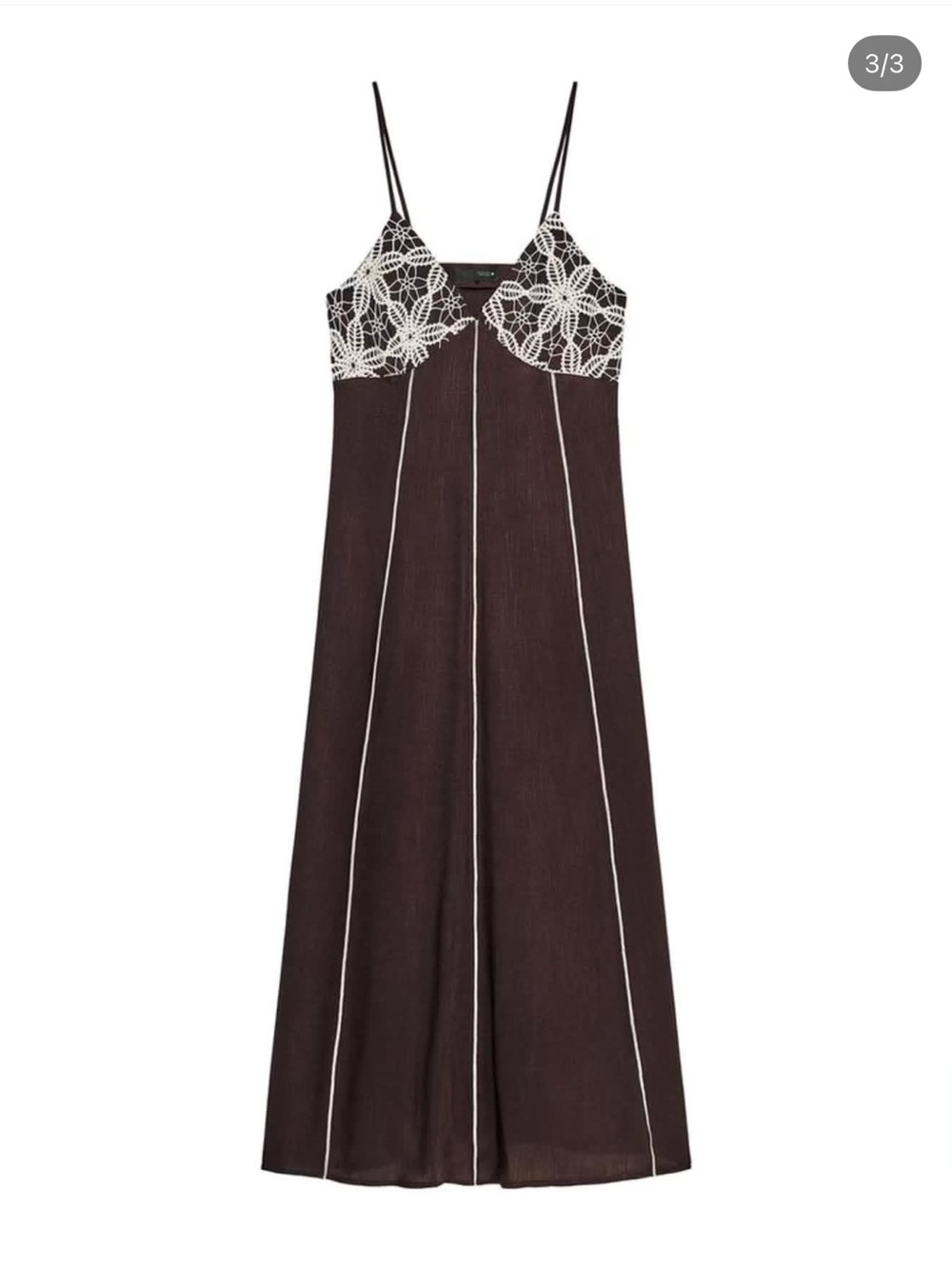 NWT Zara Chocolate Brown Maxi Slip Dress with White Crochet Bodice - Picture 1 of 4